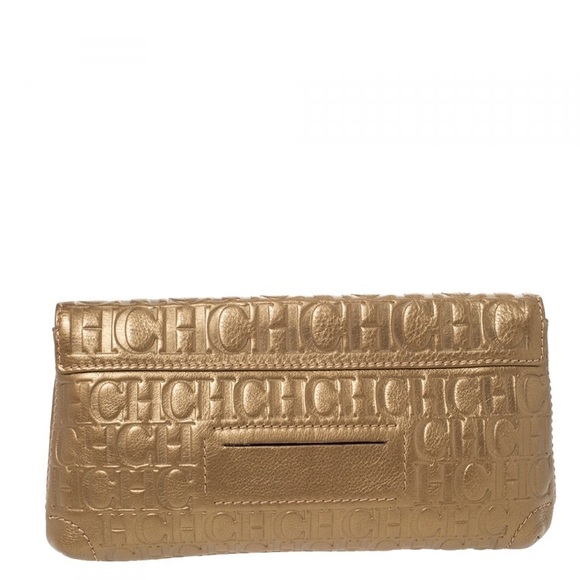 CAROLINA HERRERA GOLD MONOGRAM LEATHER BOW CHAIN CLUTCH - Picture 5 of 6